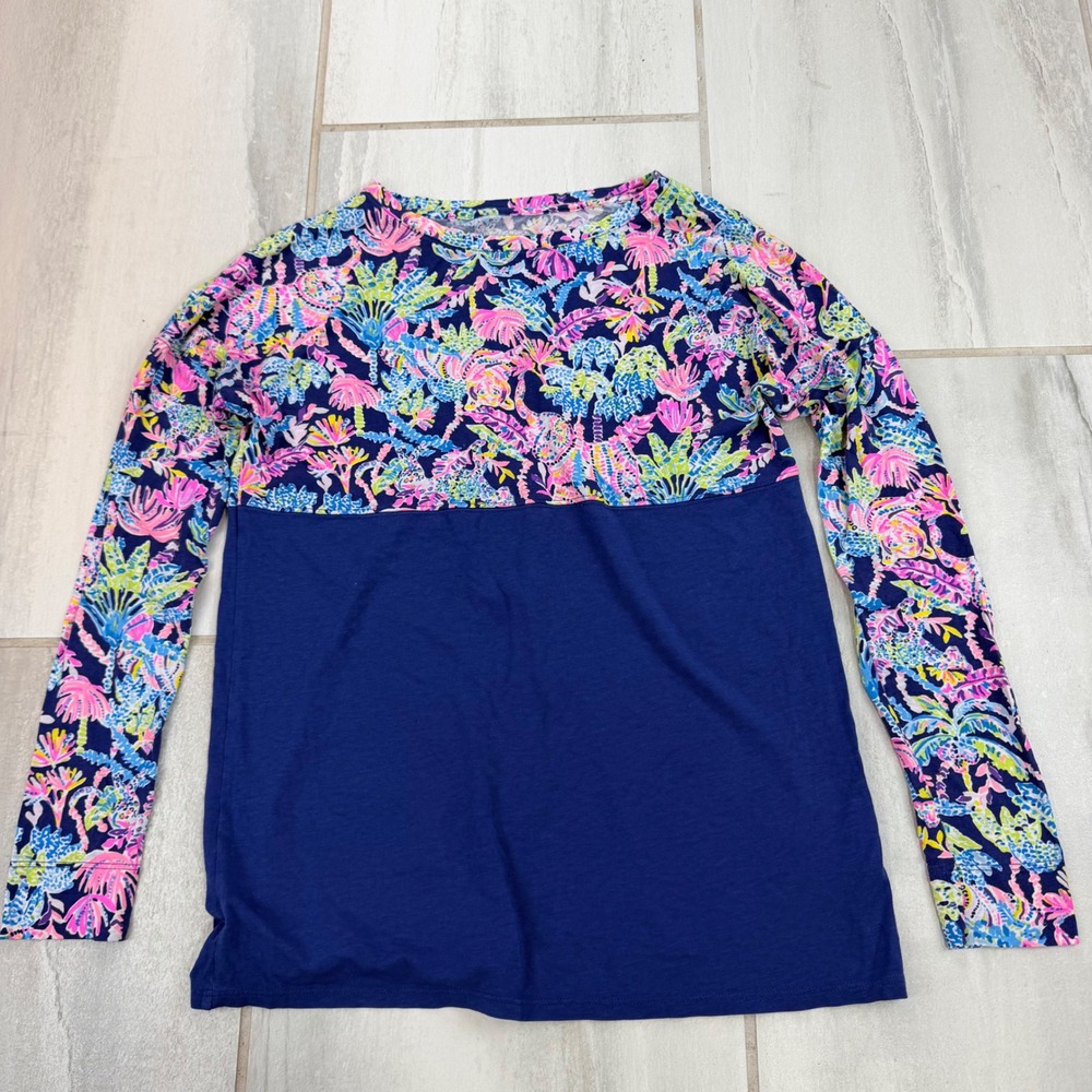 Lilly Pulitzer Navy Blue Tropical Floral Long Sleeve Pima Cotton Top Small